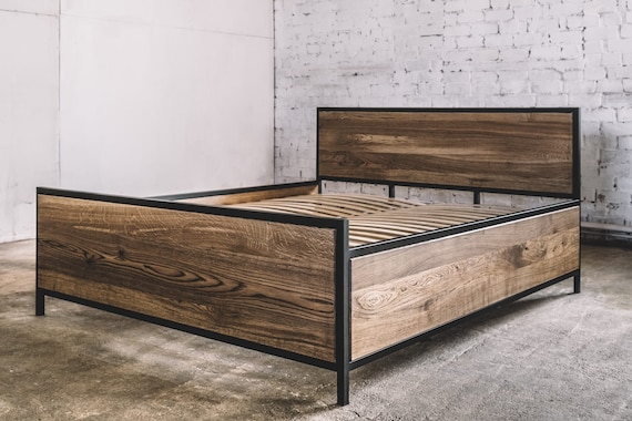 Industrial Wooden Bed Modern Oak Bed Industrial Furniture Etsy