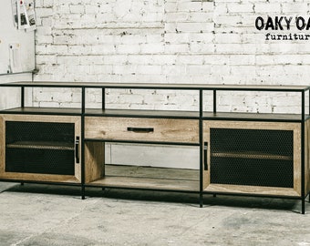 Cómoda industrial de roble hecha a mano, mueble de acero rústico (250 cm)
