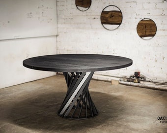 Handmade Burnt Oak Industrial Dining Table with Metal Base