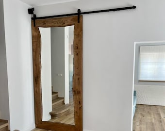 Handcrafted Rustic Oak Mirror Doors, Industrial Style, with Slide System