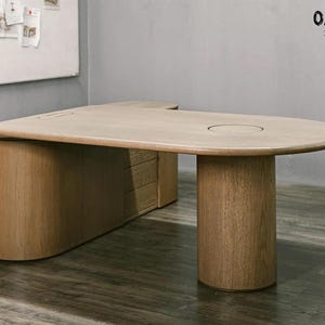 Modern Executive Desk, Curved Oak Office Table, Minimalist Manager Workstation