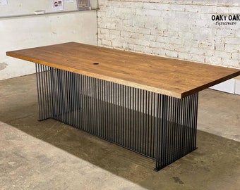 Handmade Oak Industrial Dining Table, Geometric Metal Base