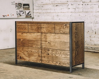 Handmade Rustic Oak Commode, Modern Steel Frame, Custom Furniture