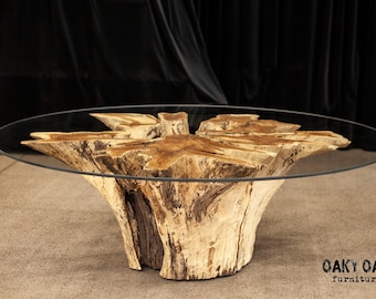 Mesa de comedor con tapa de cristal y raíz de roble, diseño exclusivo (240 cm)