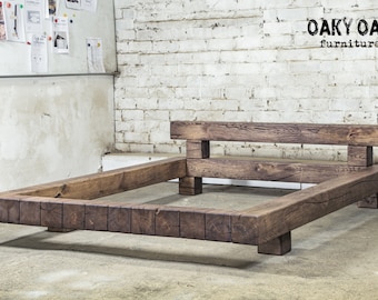 Handcrafted Solid Oak Wood Bed - Modern Industrial Bedroom Furniture