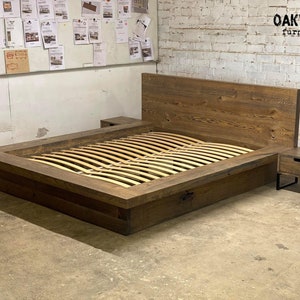 インダストリアル木製ベッド / モダンオークベッド / インダストリアル家具 / 寝室用家具 / 寝室の装飾 / インダストリアル木工 / オークベッド
