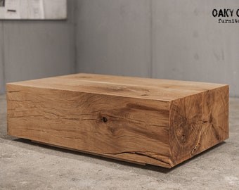 Raw Oak Industrial Coffee Table | Rustic Modern Table on Wheels
