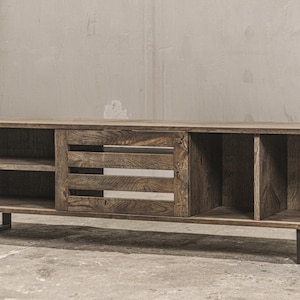 Solid Oak TV Stand, Rustic Media Console, Industrial Entertainment Center, Handmade Wooden TV Cabinet