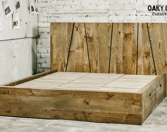 Solid Oak Wooden Bed with Drawers, Modern Industrial Style