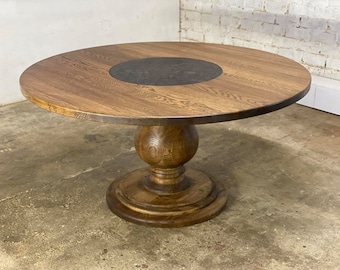 Handmade Oak Round Dining Table, Marble Center, Classic Furniture