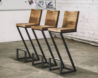 Industrial Oak Wood Bar Chair Kitchen Chair Metal Legs Industrial Furniture Rustic Decor Home Decor Furniture Wood Furniture Etsy