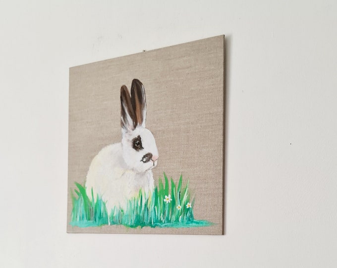 White rabbit painting on linen canvas