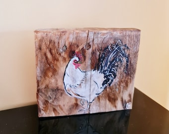 white rooster painting on wood
