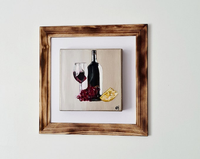 Red wine tasting table on 3D canvas and burnt wood frame.
