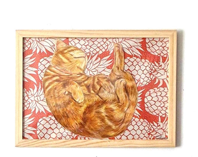 Portrait of a Sleeping Ginger Cat - Pastel illustration 'The Sleeping Cat' on a pineapple background.