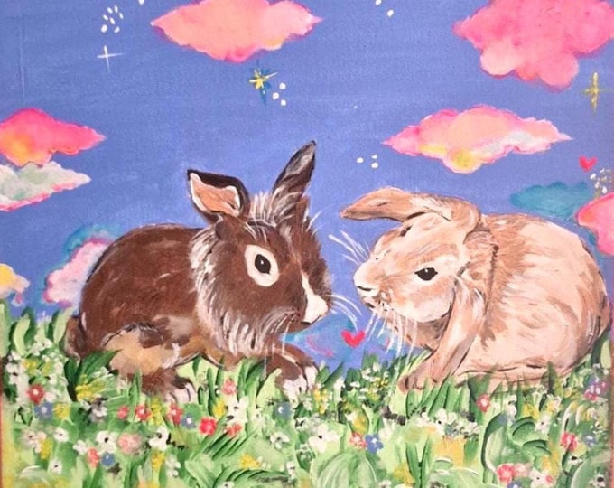 Complicité de Lapins sous un Ciel de Rêve, tableau tout doux