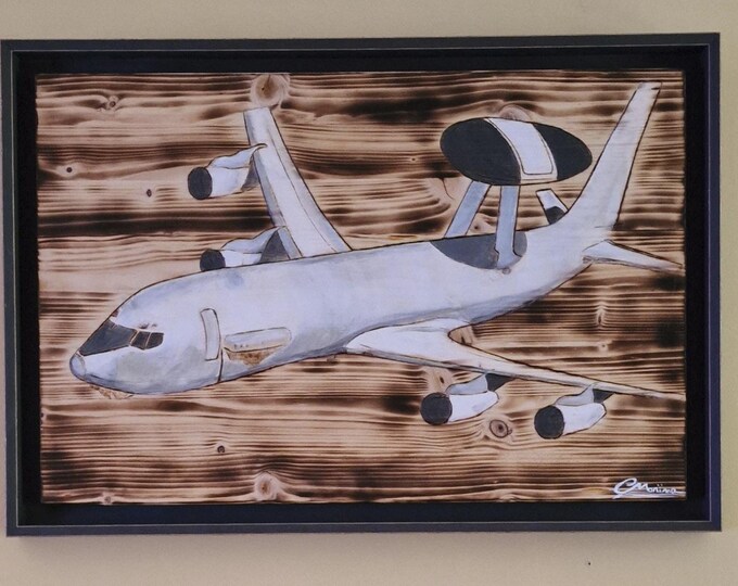 Hand-painted AWACS aircraft on burnt wood – Unique aviation wall art