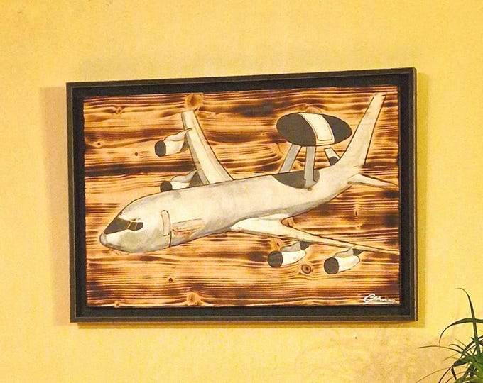 Hand-painted AWACS aircraft on burnt wood – Unique aviation wall art