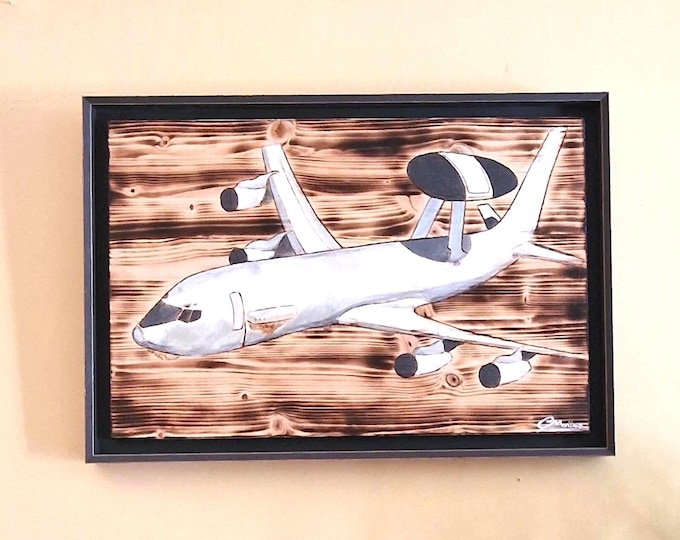 Hand-painted AWACS aircraft on burnt wood – Unique aviation wall art