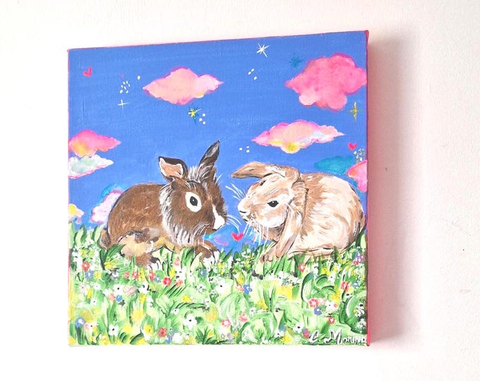 Complicité de Lapins sous un Ciel de Rêve, tableau tout doux