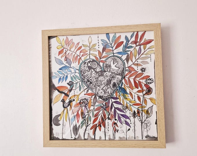 Original Watercolor & Ink Artwork – Illustrated Heart with Colorful Leaves – Wall Art, Home Decor, Framed Unique Piece
