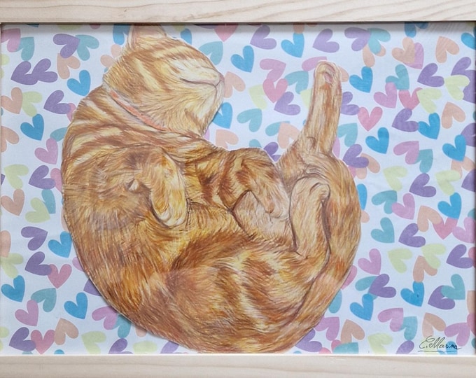 Ginger cat decoration on a heart background