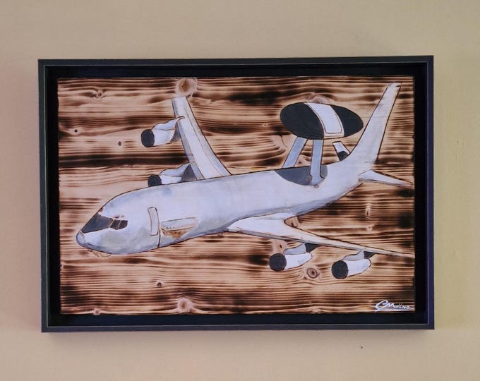 Hand-painted AWACS aircraft on burnt wood – Unique aviation wall art
