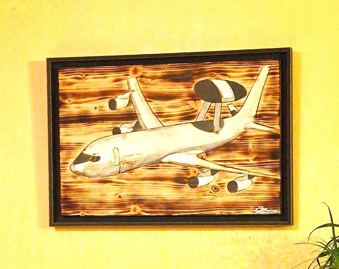 Hand-painted AWACS aircraft on burnt wood – Unique aviation wall art