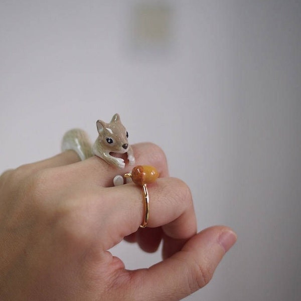 3-Piece Grey Squirrel Rings - Animal Jewelry  -Three pieces Ring Collection- Handcraft Jewelry