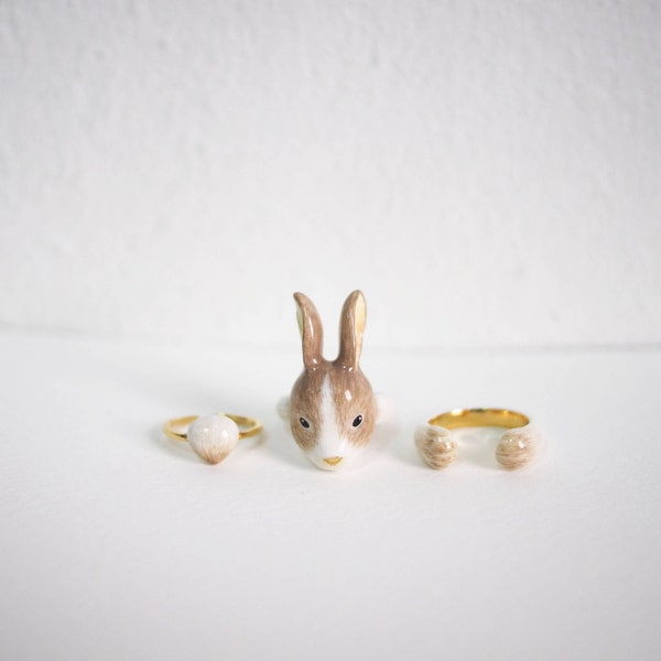 3-Piece Rabbit Rings,Brown - Animal Jewelry  -Three pieces Ring Collection- Handmade Jewelry