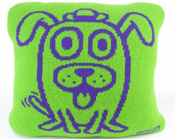40cm knitted dog cushion. Green & purple merino lambswool. Handmade in UK.