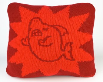 40cm knitted shark cushion. Red & dark red merino lambswool. Handmade in UK.