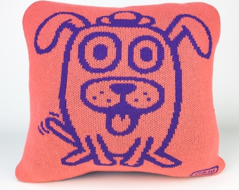 40cm knitted dog cushion. Turquoise & coral merino lambswool. Handmade in UK.