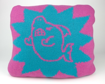 Merino wool shark cushion. Handmade in the UK in hot pink & turquoise blue colours. 16"/40cm wide. Next day delivery option.