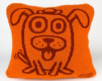 40cm knitted dog cushion. Orange & dark red merino lambswool. Handmade in UK.