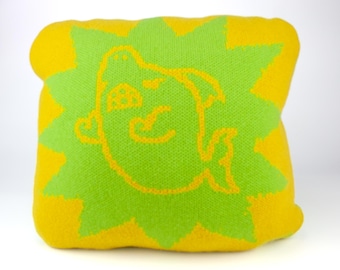 Merino wool shark cushion. Handmade in the UK in yellow & lime green colours. 16"/40cm wide. Next day delivery option.
