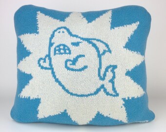 40cm knitted shark cushion. Turquoise & white merino lambswool. Handmade in UK.