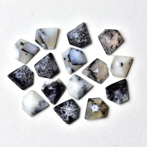 May include: A collection of 14 black and white dendritic opal gemstone cabochons, each cut into a pyramid shape.
