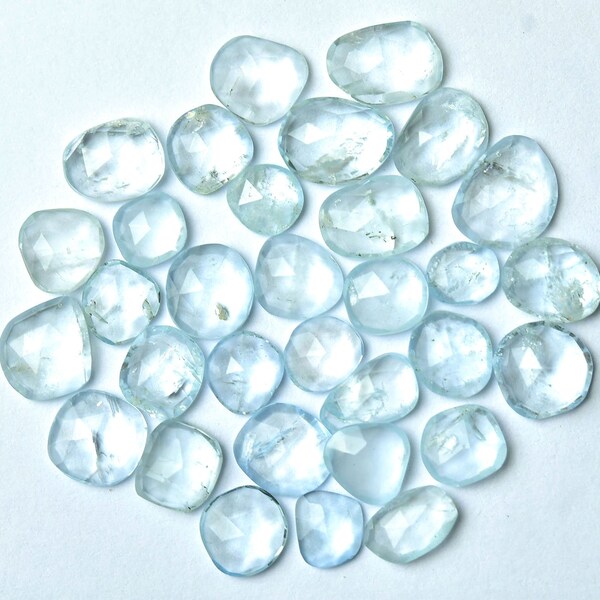 Aquamarine Rosecut Freeform Slices, Flat Back Faceted Cabochon, 6 MM - 9 MM, Pack of 5 Pieces, Jewelry Supplies, Semiprecious Stone.