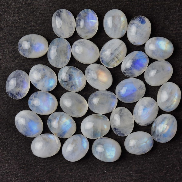 8X10 MM, Rainbow Moonstone Oval Cabochon, Pack of 4 Pieces, Jewelry Supplies, Natural Semiprecious Gemstone, Jewelry Making Stone Cabs.