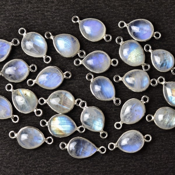 925 Sterling Silver Rainbow Moonstone Smooth Teardrop  Connector, 2 Pieces Pack,Double Loop,Stone Bezel Station, 9x18 - 10x18 MM with Loop.