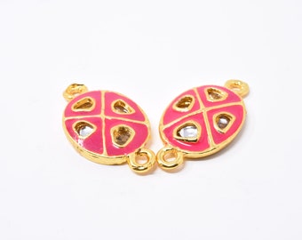 Oval Pink Meena Pendant, Indian Kundan Pendant, Geometric Jewelry Connector, Gold Enamel Cloisonne, Ethnic Jewelry Making, Necklace Charm
