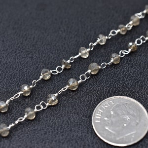 Mystic AB Gray Quartz Rosary Beads, Silver Chain, 1-10ft, Chained Gemstones, Indian Semiprecious Gems, Beaded Rosaries, Jewelry Supplies