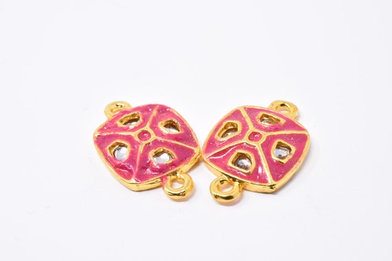 Square Pink Meena Pendant Indian Kundan 