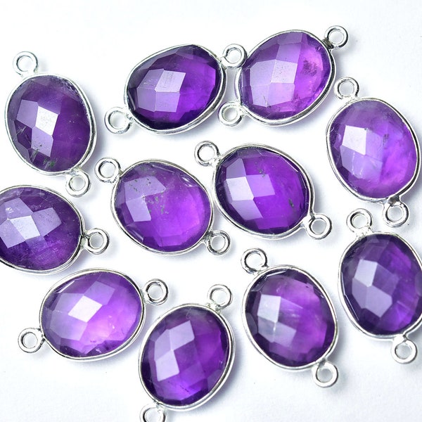 925 Sterling Silver Amethyst Faceted Oval Briolette Connector links, 2 Pieces Pack,Double Loop,Stone Bezel Station, 11X19 MM with Loop.