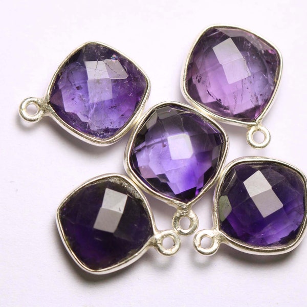 3 Pieces Amethyst Faceted Pendant, Cushion Shape,Silver Plated,Jewelry Making,Single Loop,Natural Gemstone, 16x19 mm with Loop.