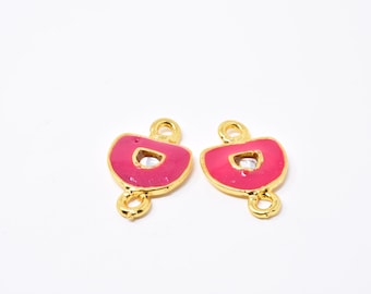 Small Pink Meena Pendant, Indian Kundan Pendant, Rounded Geometric Connector, Gold Enamel, Ethnic Jewelry Making Supplies, Necklace Charm