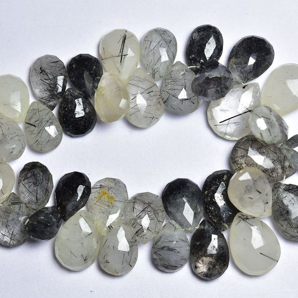 Tourmalated Quartz Faceted Briolettes,Pear Shape Gemstone,Earring Supplies,Natural Big Stone Strand, 7.5" strand, 9x12mm -12x17mm.