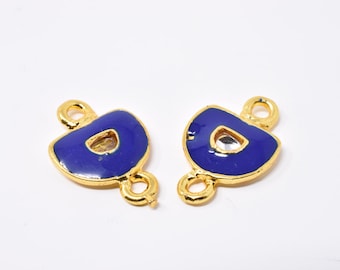 Small Blue Meena Pendant, Indian Kundan Pendant, Rounded Geometric Connector, Gold Enamel, Ethnic Jewelry Making Supplies, Necklace Charm