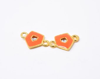Small Orange Meena Pendant, Indian Kundan Pendant, Geometric Jewelry Connector, Gold Enamel, Ethnic Jewelry Making Supplies, Necklace Charm